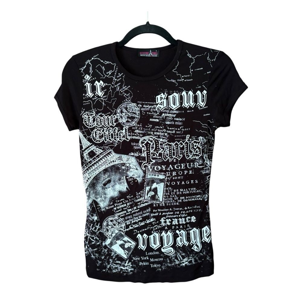 Attitude Paris V-Neck Embellished Black White Tee Size Small Eiffel Tower